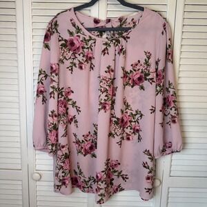 ODDI Womens 2XL Pink Floral Rose 3/4 Sleeve Tie Back Pleated Blouse Feminine
